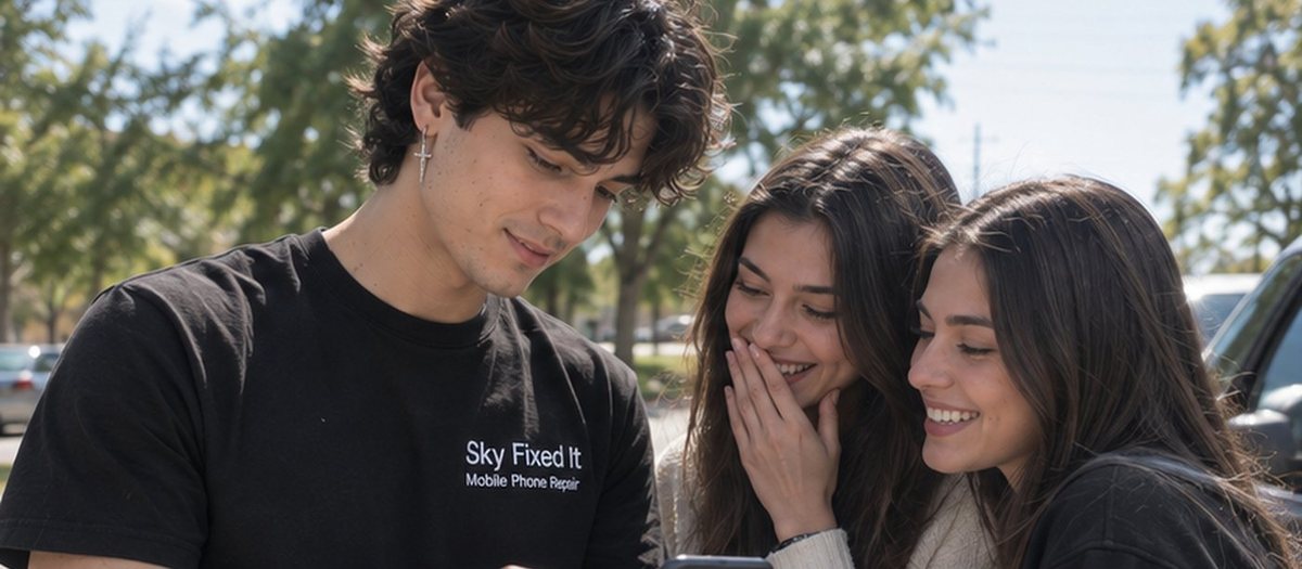 Sky handing a repaired phone back to two customers outdoors in Northeastern Pennsylvania