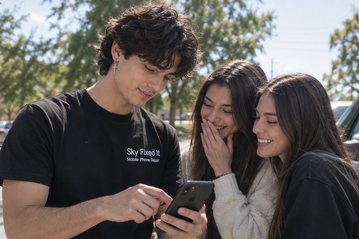 Sky, in a Sky Fixed It shirt, showing two smiling customers their repaired iPhone outdoors in Scranton