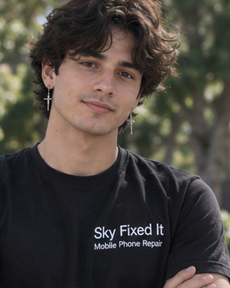 Sky, owner and technician of Sky Fixed It, in a branded shirt in Scranton, Pennsylvania
